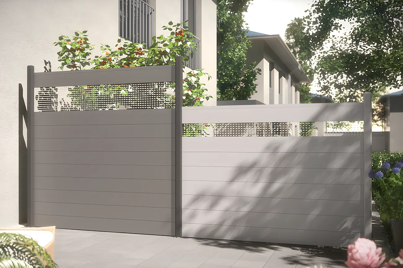 Tuinpalissade van aluminium in anthraciet en grijs.